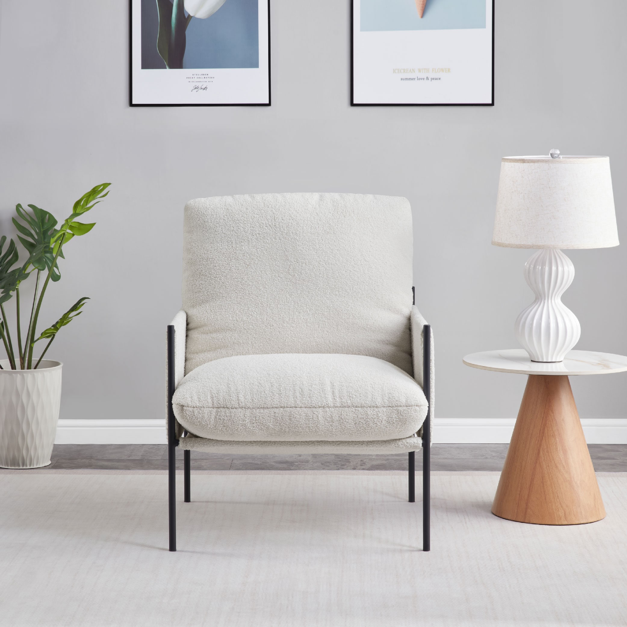 Modern Accent Chair, Comfy Chair With Removable Cushion, Vanity Chair With Wood Armrests For Living Room, Bedroom, White_voghion.com